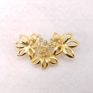 Floral Gold Tone Brooch Clear Rhinestones Three Flowers Bouquet